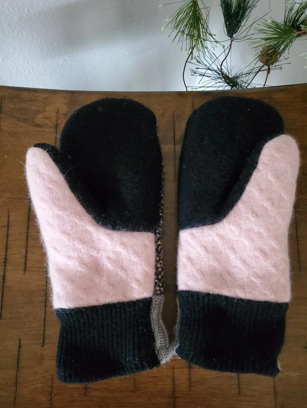 Upcycled Tweed Wool Mittens Flannel Lined Gray Pink Black Cozy Handmade